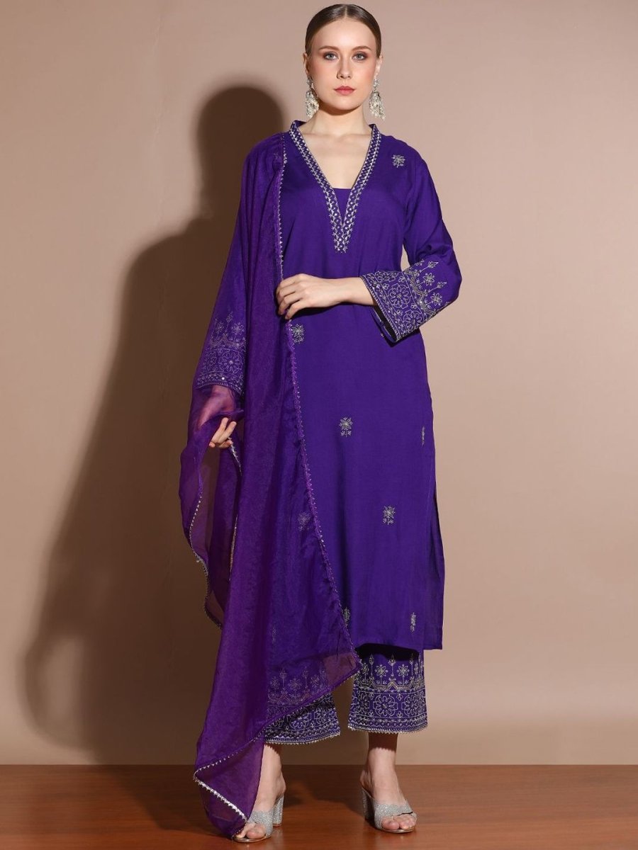 Anouk Floral Embroidered Regular Thread Work Straight Kurta with Palazzos & Dupatta - Distacart