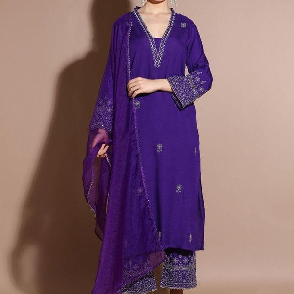 Anouk Floral Embroidered Regular Thread Work Straight Kurta with Palazzos & Dupatta - Distacart