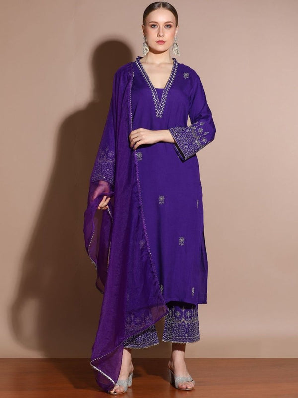 Anouk Floral Embroidered Regular Thread Work Straight Kurta with Palazzos & Dupatta