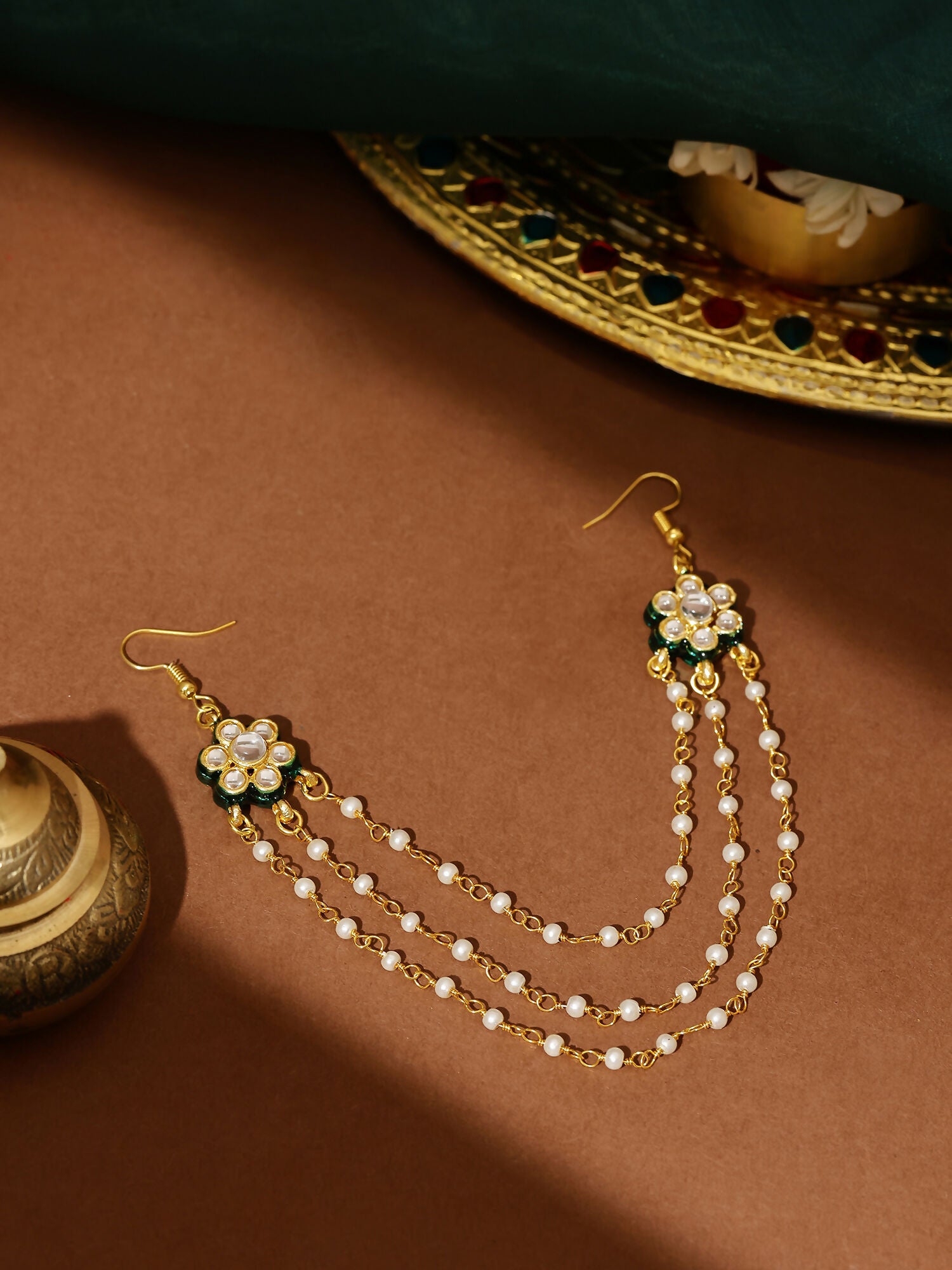 Ruby Raang Gold Green Meenakari & Pearl Hair Jewelry