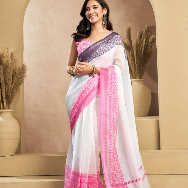 Vastranavya White Digital Printed Linen Ready To Wear Designer Saree with Unstitched Blouse - Distacart