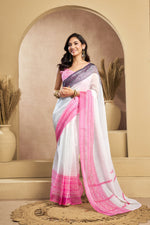Thumbnail for Vastranavya White Digital Printed Linen Ready To Wear Designer Saree with Unstitched Blouse - Distacart