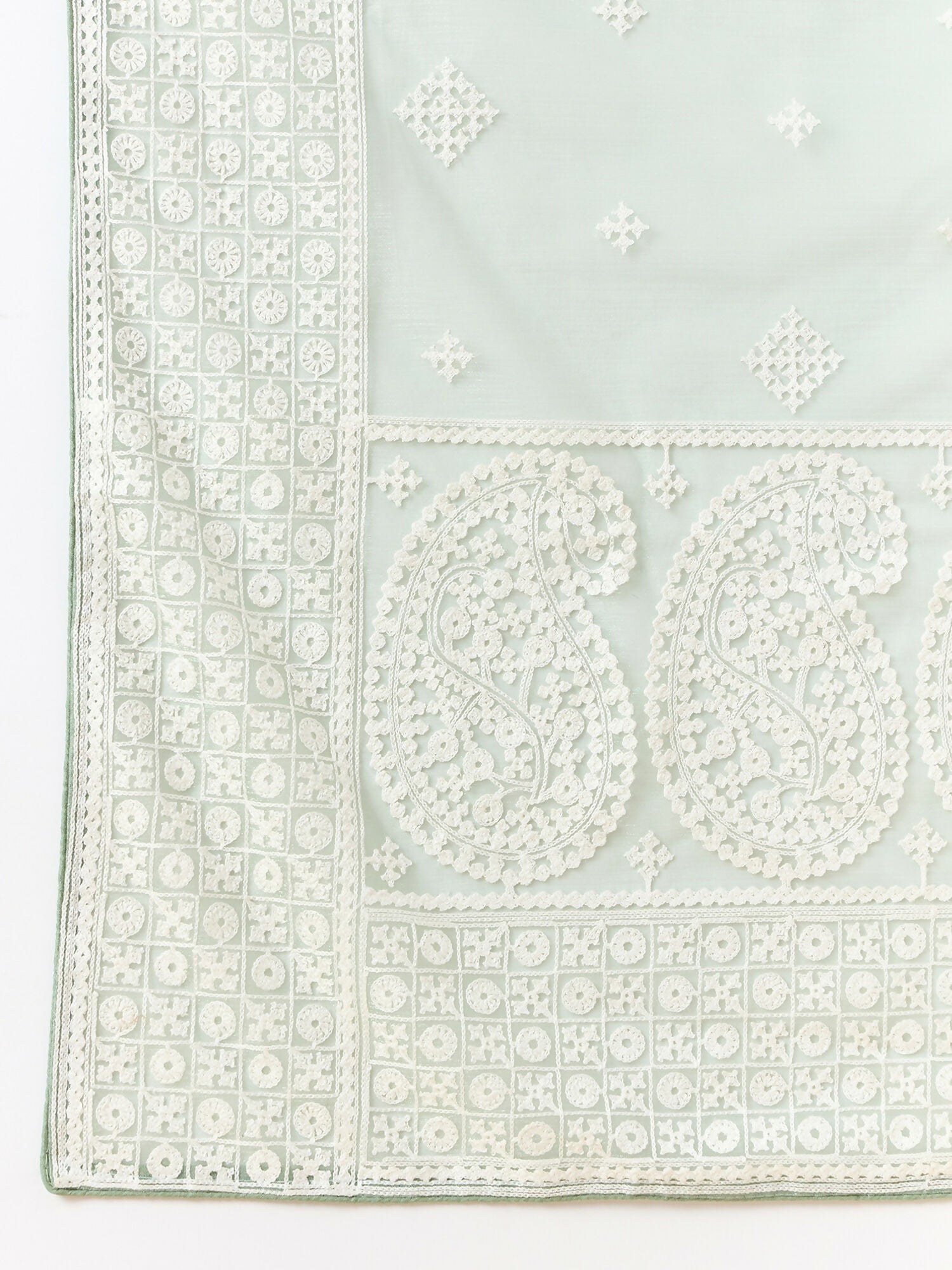 Green Organza Geometric Embroidered Saree with Unstitched Blouse Piece - Roozal - Distacart