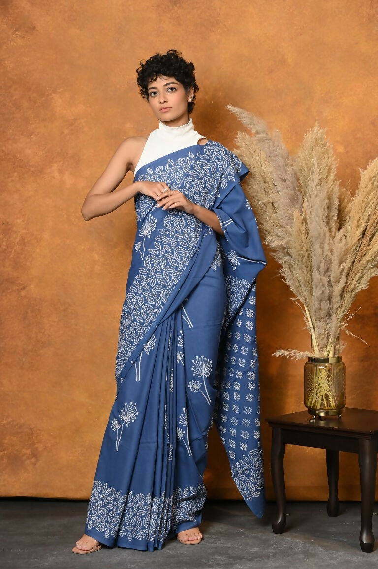 Very Much Indian Handblock Printed Cotton Saree With Natural Dyes - Cyan Blue - Distacart