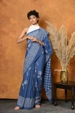 Thumbnail for Very Much Indian Handblock Printed Cotton Saree With Natural Dyes - Cyan Blue - Distacart
