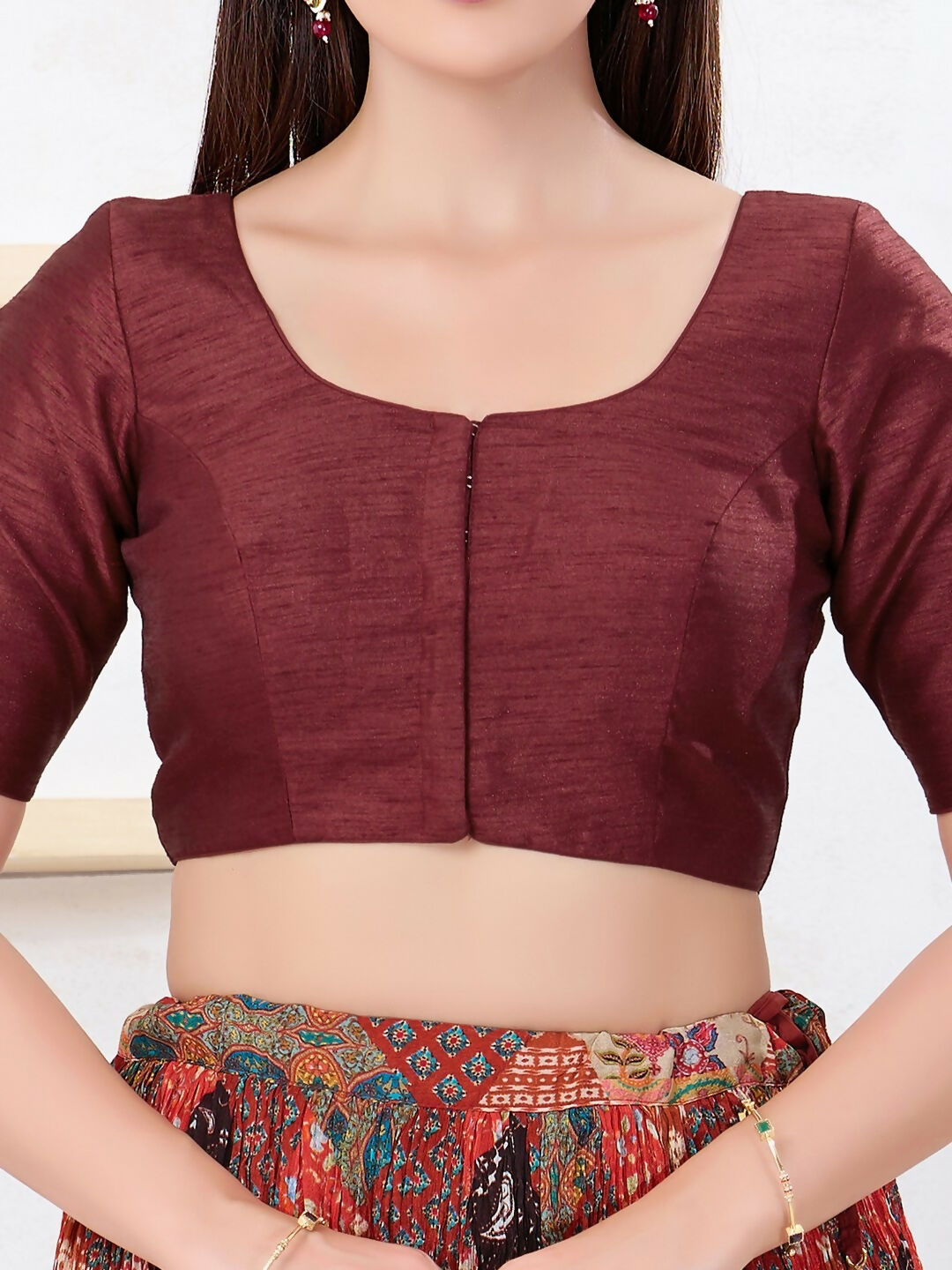 Joban Fashion Maroon Dupion Silk Elbow Sleeveless Front Open Blouse