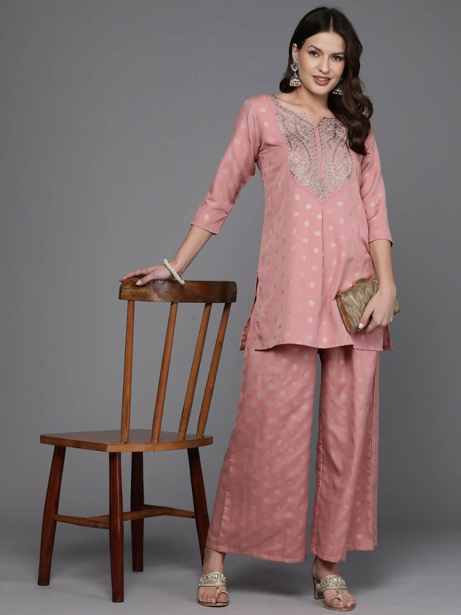 Ahalyaa Women Floral Yoke Design Tunic with Palazzos - Pink Color - Distacart