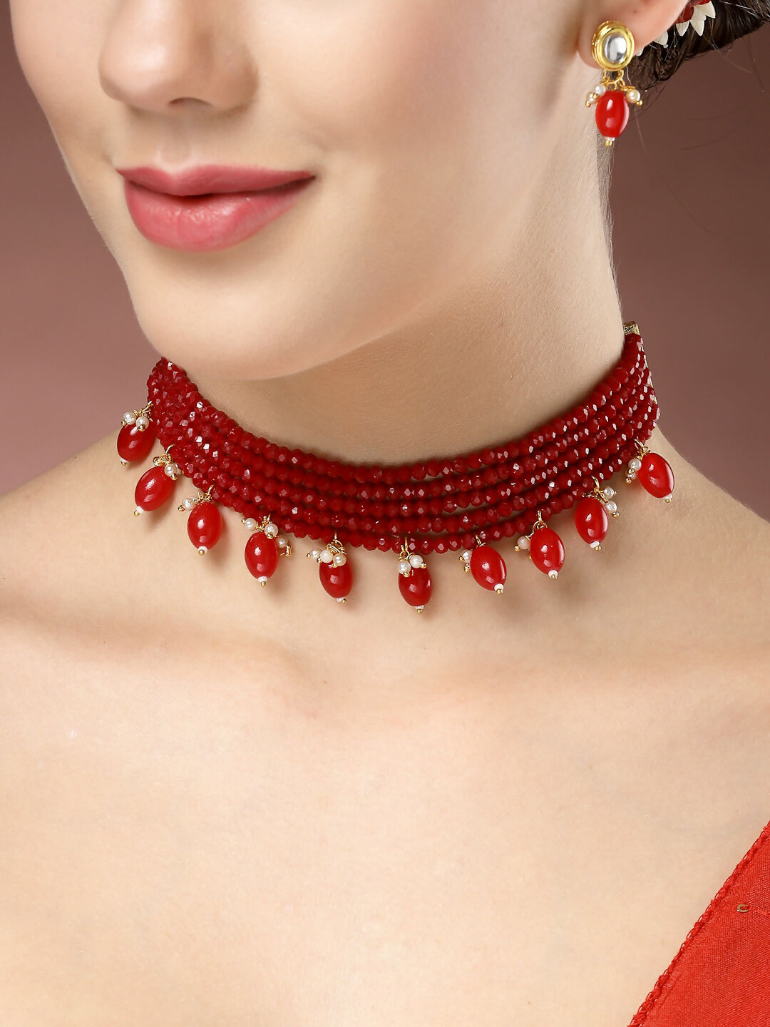 NVR Women's Red Artificial Beads Layered Necklace with Drop Earring - Distacart