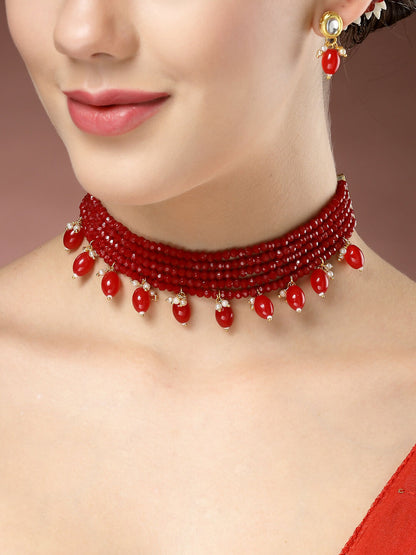 NVR Women's Red Artificial Beads Layered Necklace with Drop Earring - Distacart