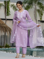 Thumbnail for The52 Lavender Women's Beautiful Thread work Rayon Fabric with Straight Kurta, Pant and Dupatta Set - Distacart