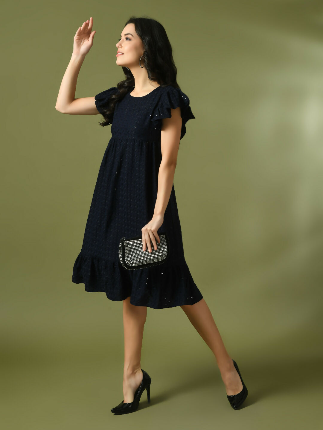 Myshka Women's Navy Blue Embroidered Cotton Round Neck A-Line Party Dress - Distacart