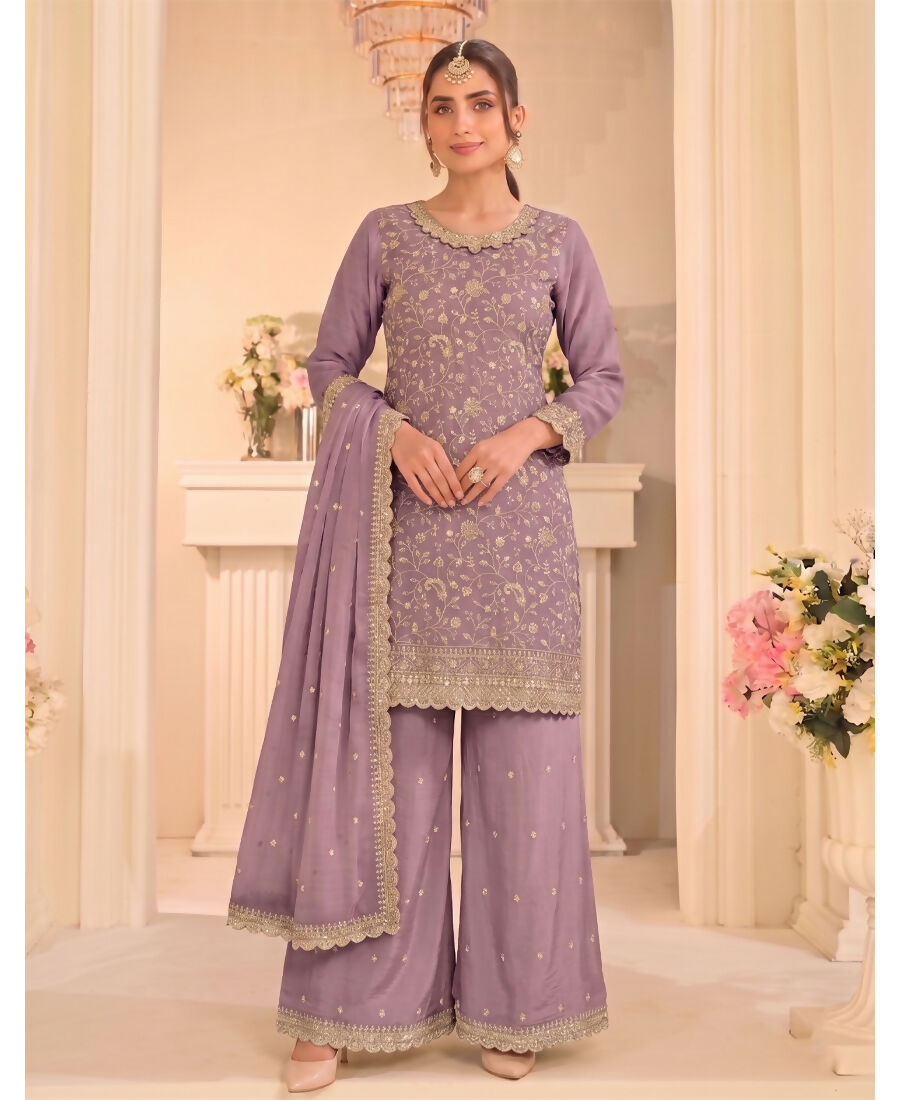 KC Lilac Vichitra Silk Palazzo Suit For Women Festival Wear - Dista
