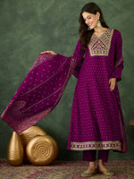 Thumbnail for The52 Wine Women's Gorgeous Embroidered Work Vichitra Silk Fabric Flared Kurta Pant and Dupatta Set - Distacart