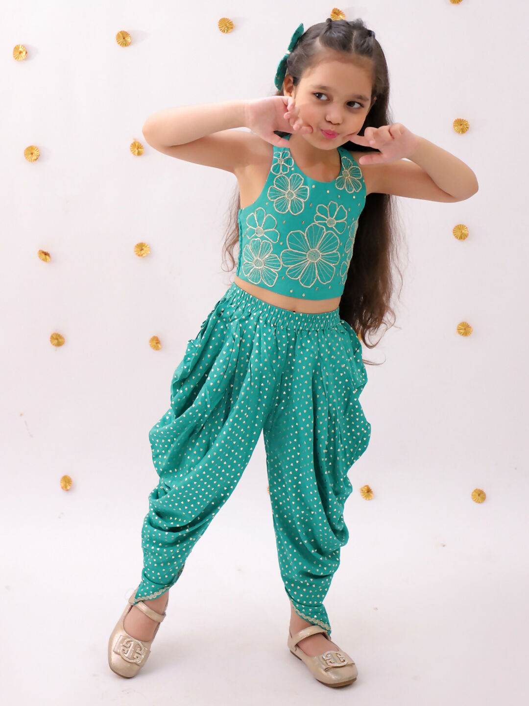 Lil Drama Khilkhilahat Green Crop Top and Dhoti SeT For Girls