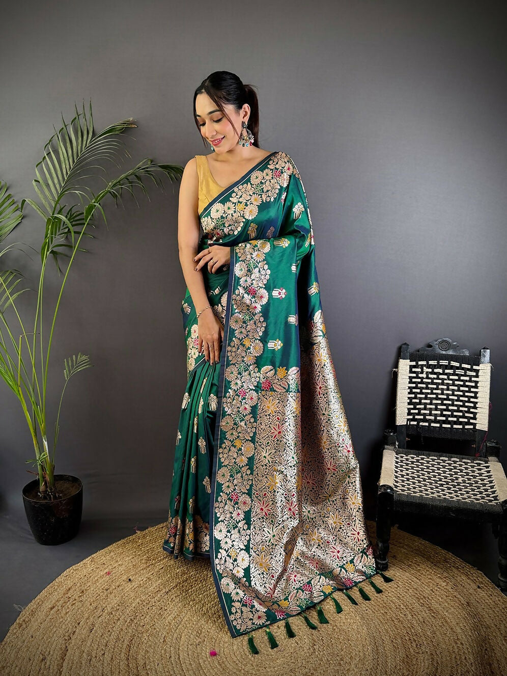 Joban Fashion Meenakari Teal Green Woven Soft Silk Saree