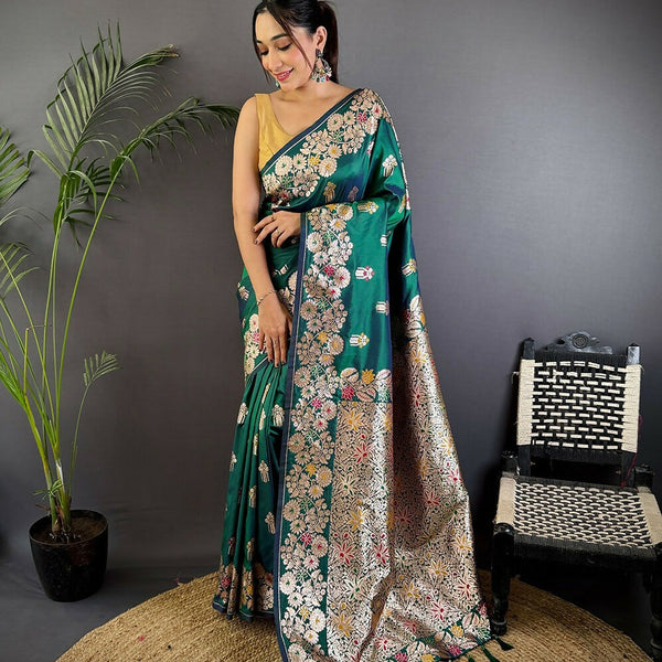 Joban Fashion Meenakari Teal Green Woven Soft Silk Saree - Distacart