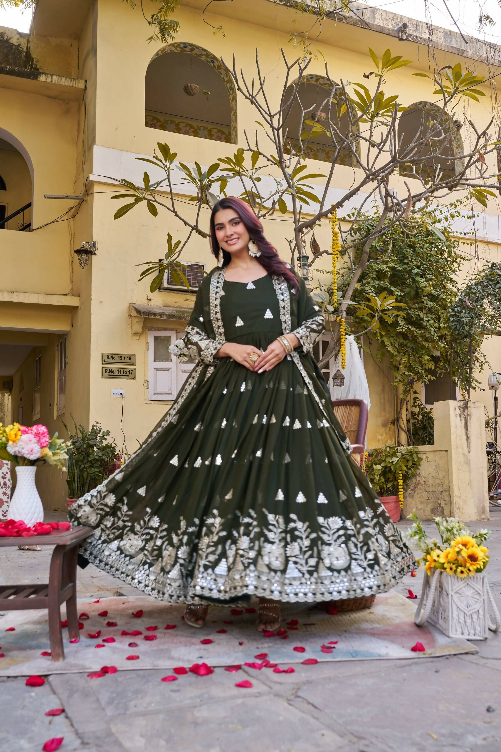 Teeya Creation Womens Casual Party Wear Heavy 7mm Sequence Embroidery Work Mehendi Gown Set - Dista