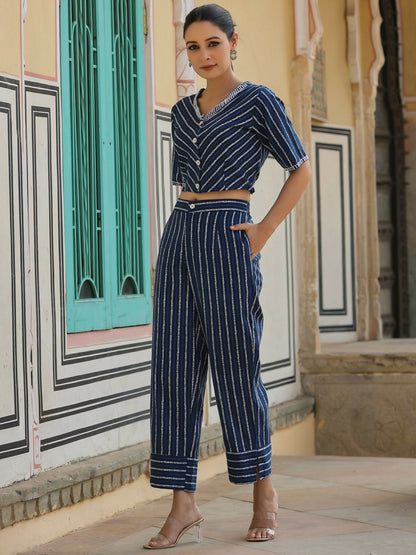 Juniper Navy blue Striped Printed cotton flex Crop Top & Pants Set With Thread Work - Distacart