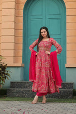 Thumbnail for Preksha Creation Georgette Print And Full Lining With Printed Pant And Nazneen Dupatta With Embroidery Work - Red - Distacart