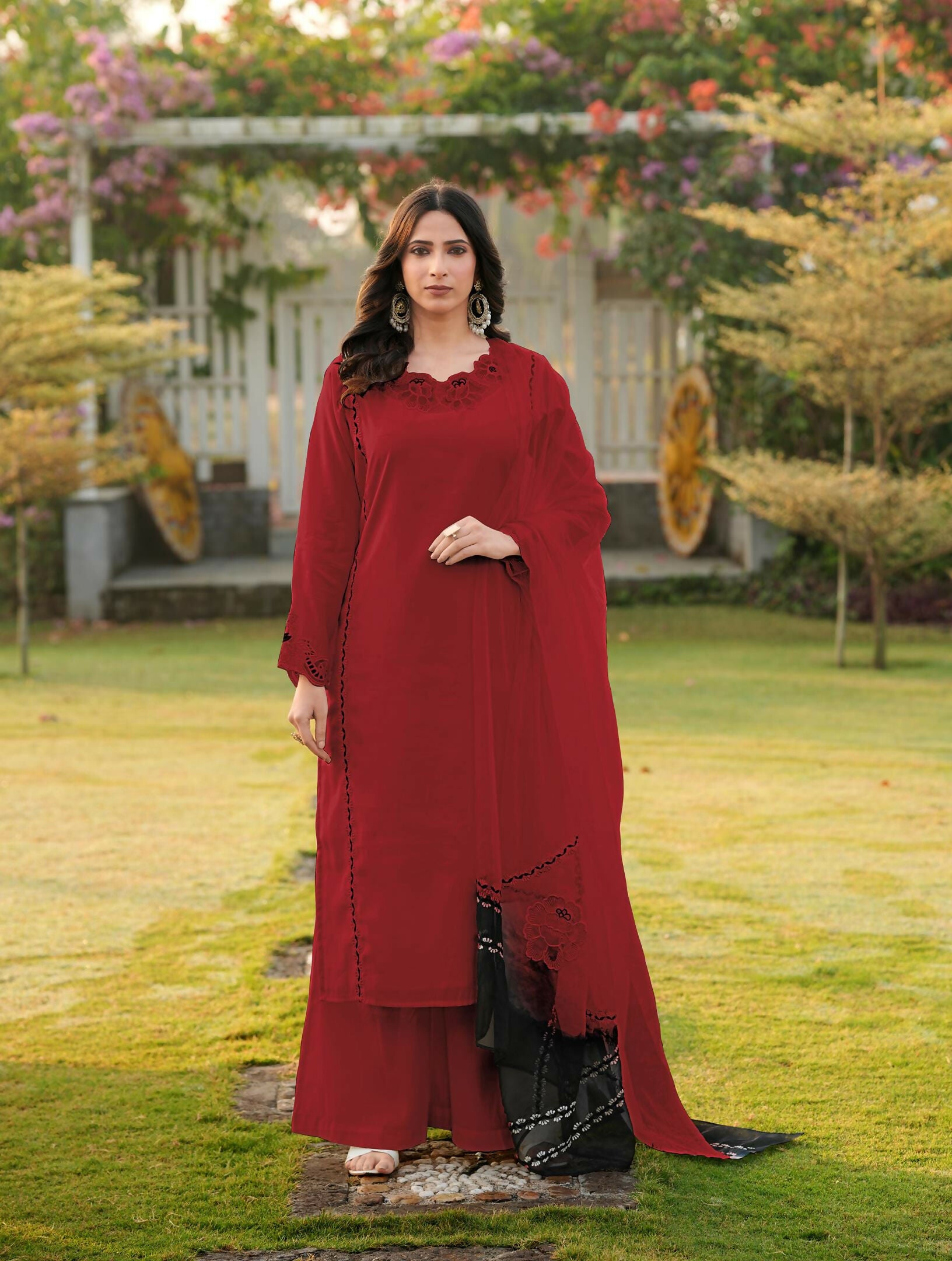 Nikhaar Maroon Embroidered Art Silk Stitched Straight Cut Kurta Palazzo Dupatta Readymade Suit - Dista
