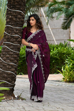 Thumbnail for Vastranavya Wine Embroidery Work Shimmer Chiffon Saree with Unstitched Blouse