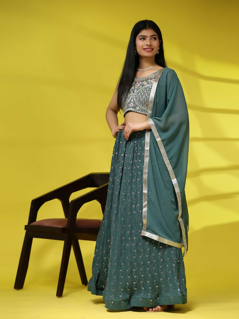 Green Georgette Embroidered Lehenga choli with Dupatta - Dhara - Distacart