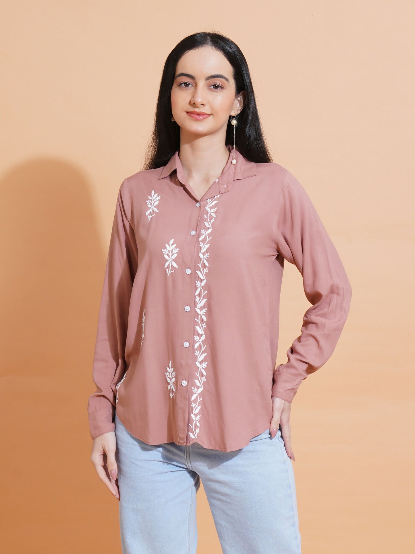 Pahnaz Modal Chikankari Handwork Shirt-Brown - Dista