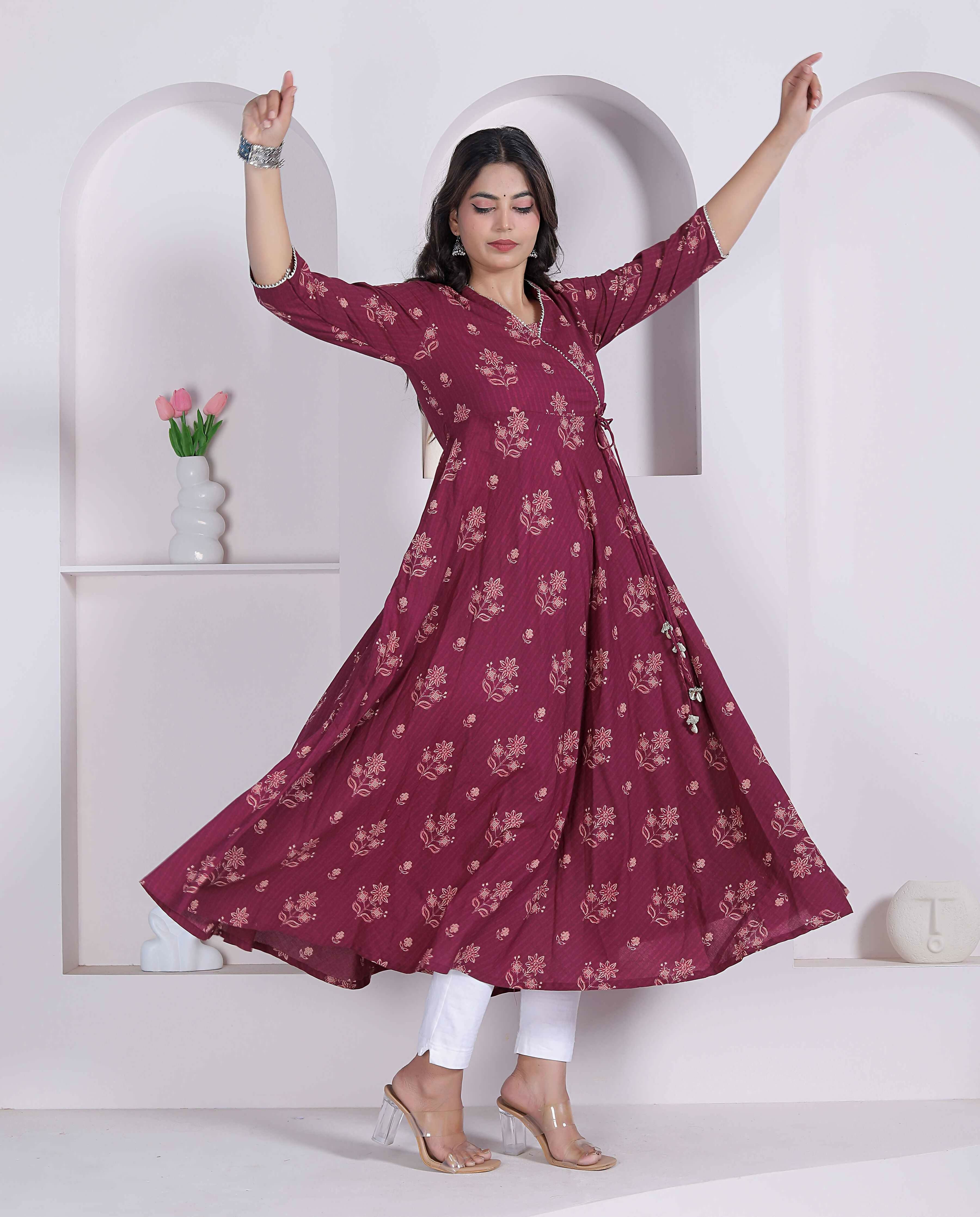 Miravan Womens Maroon Floral Printed Angrakha Style Kurta - Dista