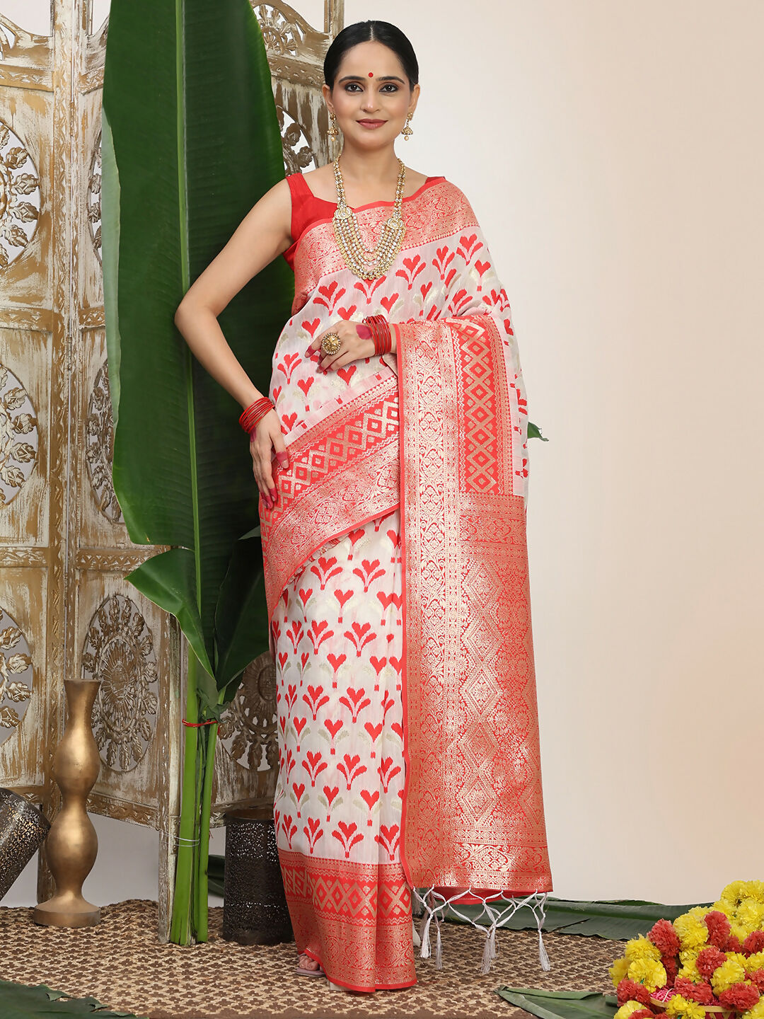 Astita Linen Cotton Red & White Saree