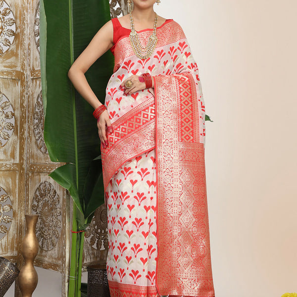Astita Linen Cotton Red & White Saree