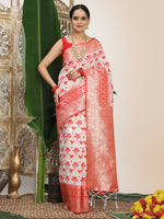 Thumbnail for Astita Linen Cotton Red & White Saree