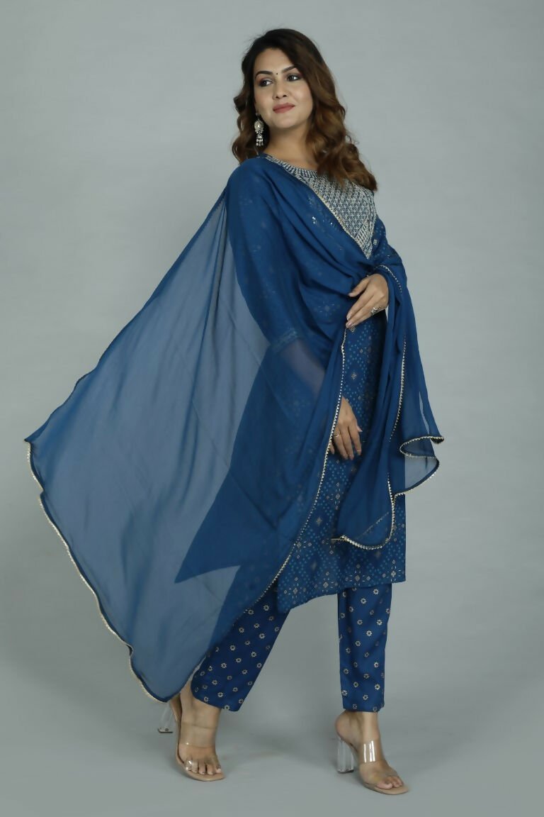 Alvano Printed Sequence Kurti with Pant and Dupatta set Rayon (Blue) - Distacart