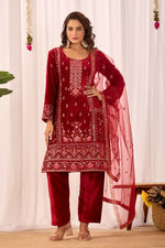Thumbnail for Joban Fashion Red Velvet Embroidery Sequence Work Readymade Kurta Set - Distacart