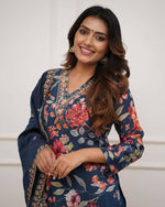 Thumbnail for The52 Blue Women's Gorgeous Printed Pure Russian Silk Fabric Straight Kurta Pant with Dupatta Set - Distacart