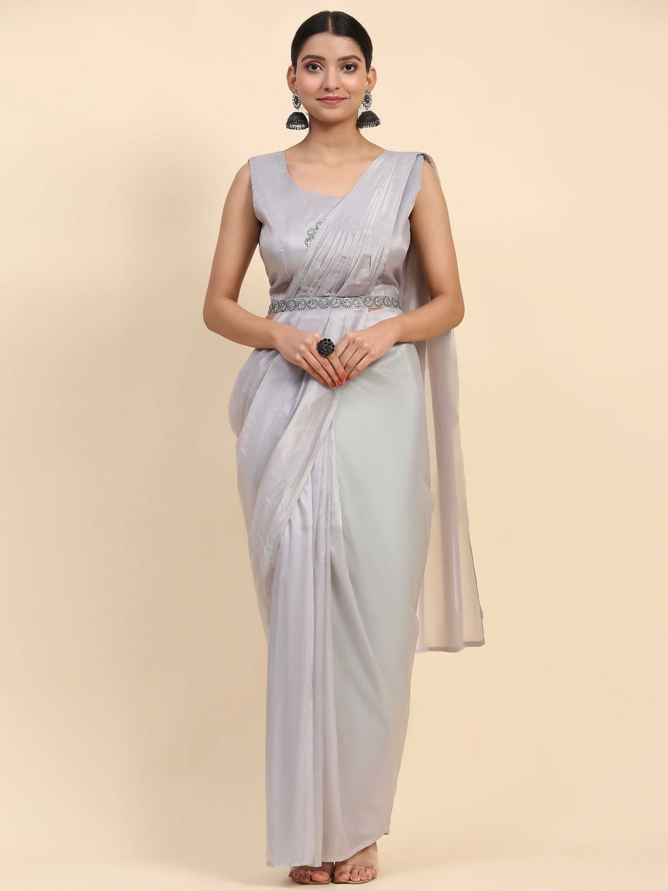 Grey Satin Solid Ready to wear Saree with stitched Blouse - Vanita - Distacart
