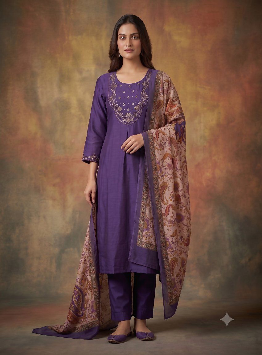Teeya Creation Women Purple Embroidered Straight Kurta Set With Dupatta - Dista