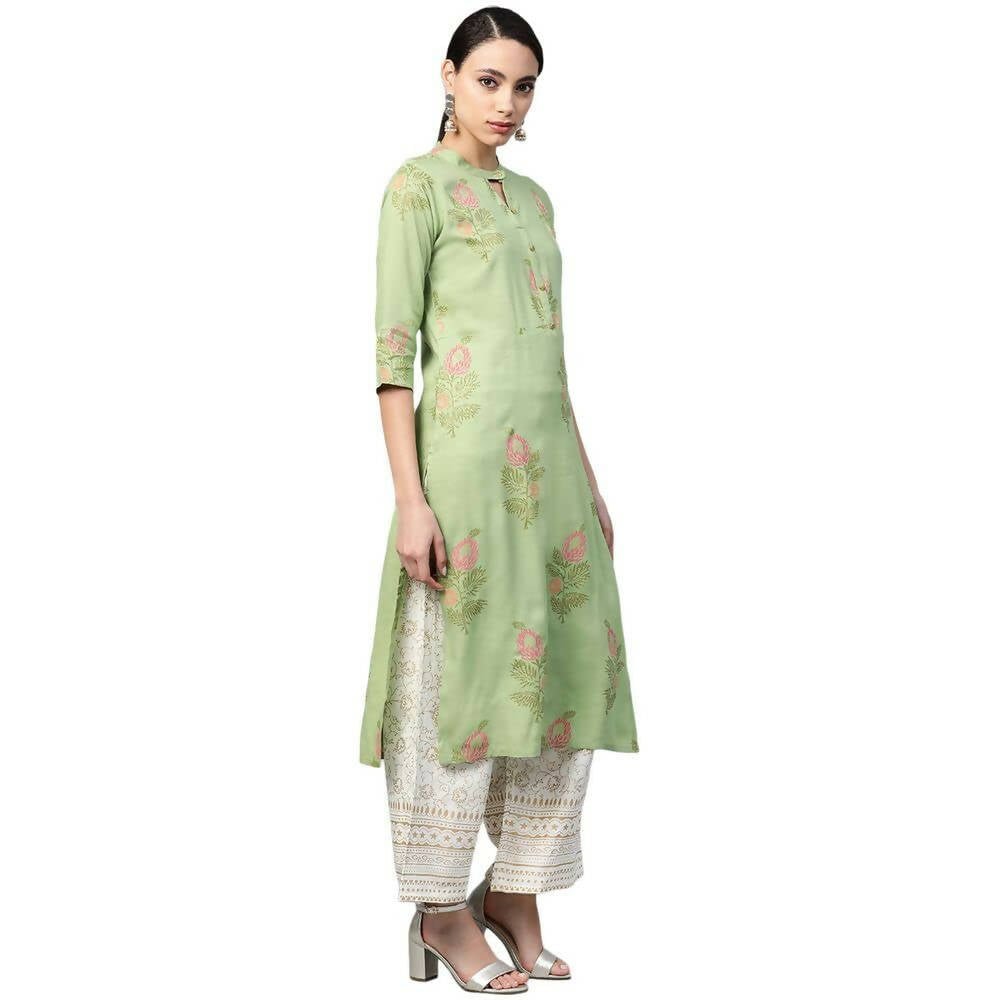 Anubhutee Women's Rayon Ethnic Motifs Print Green Kurta with Palazzos - Distacart