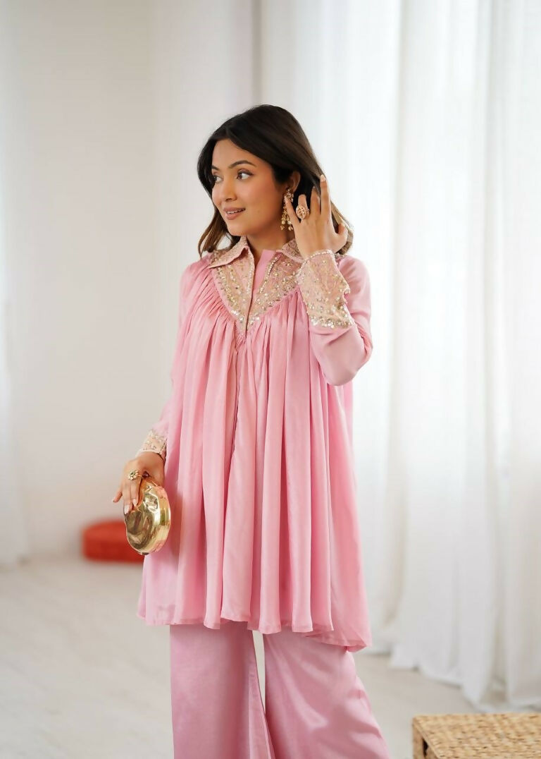 Teeya Creation Baby Pink Heavy Chinnon Silk Embroidery Work Plazo pair