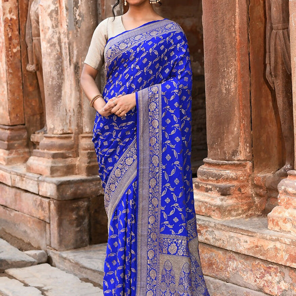 Joban Fashion Violet Crepe Chiffon Pure Handloom Banarasi Silk Saree