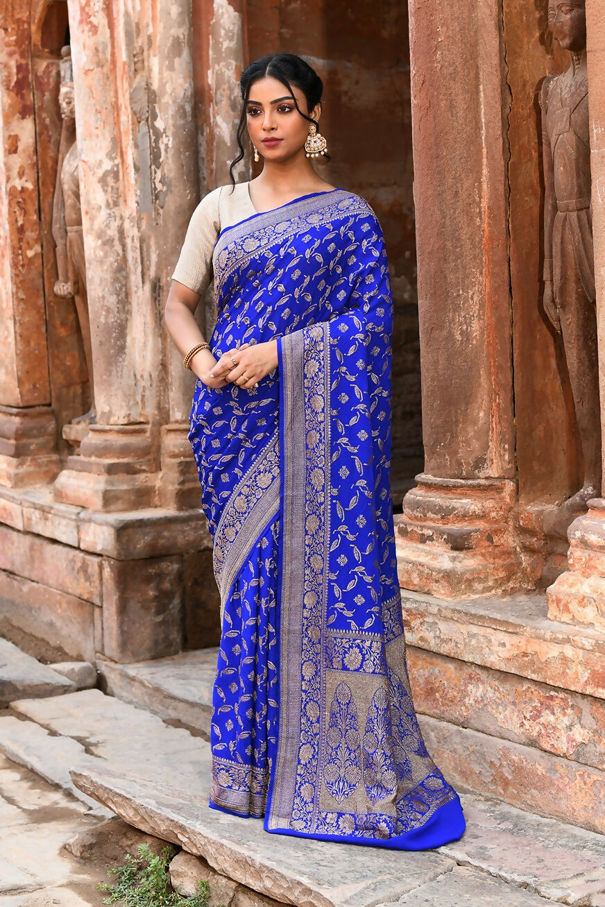 Joban Fashion Violet Crepe Chiffon Pure Handloom Banarasi Silk Saree - Dista