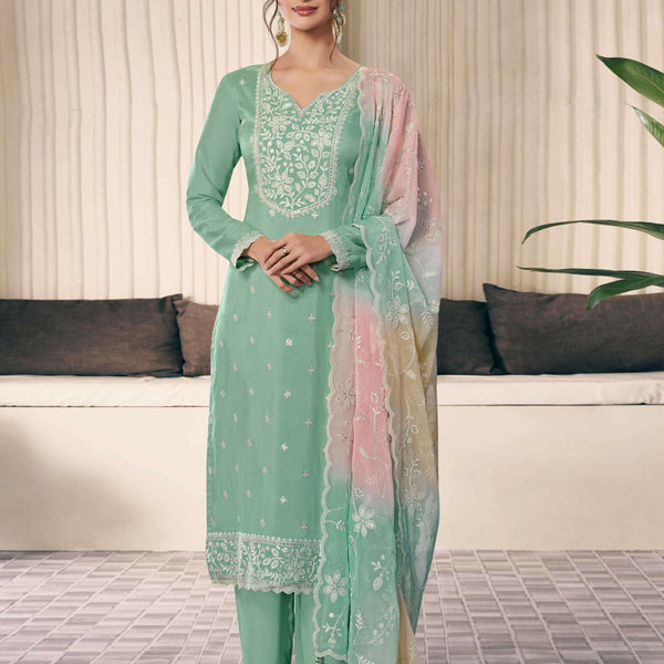 Anaita Green Moonga Silk Stitched Suit with Embroidery Sequence Work - Distacart