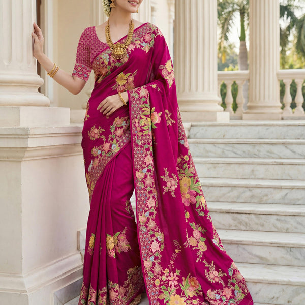 Aastha Fashion Rani Pink Premium Russian Silk Designer Floral Position Print Saree - Distacart