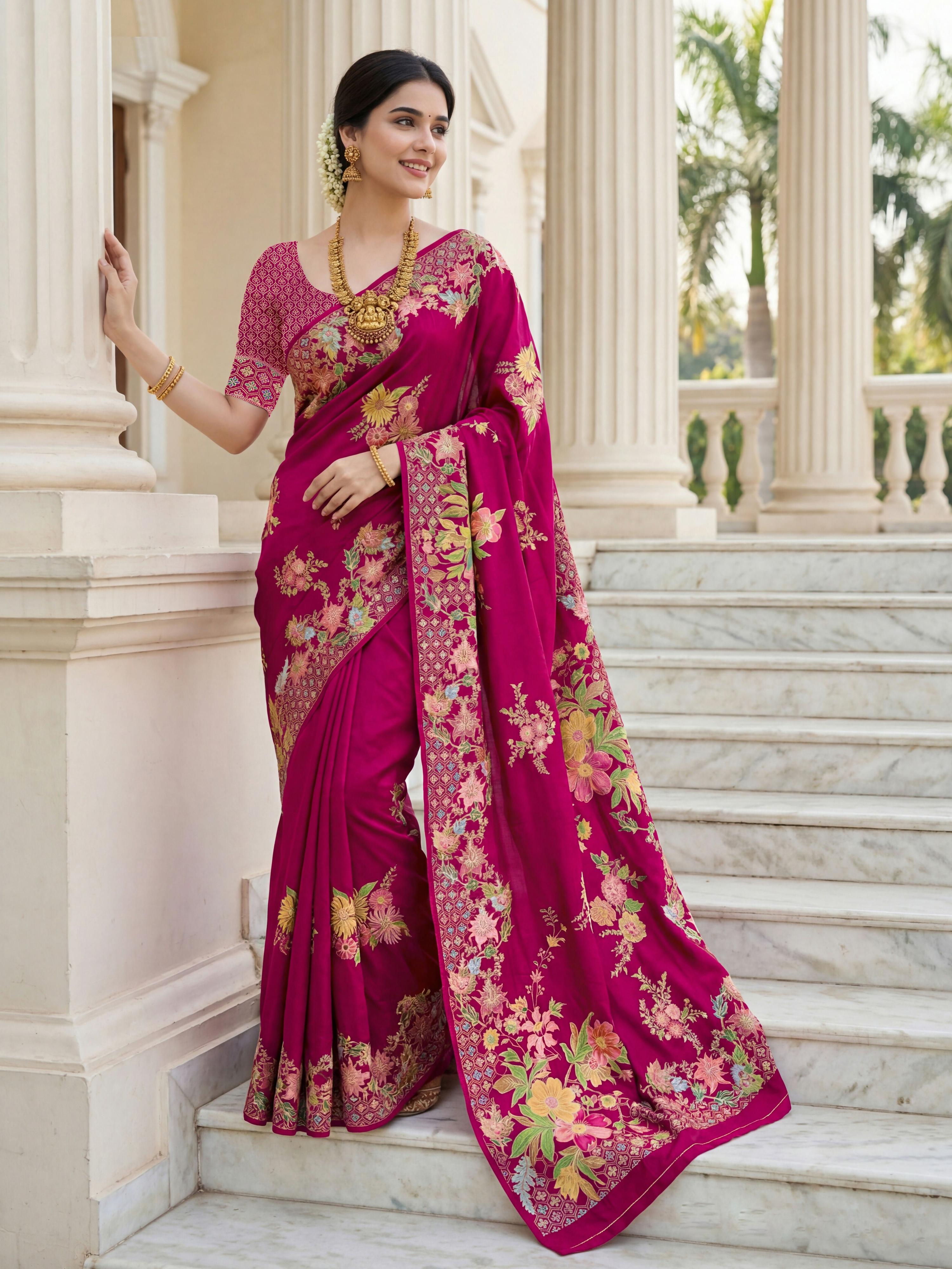 Aastha Fashion Rani Pink Premium Russian Silk Designer Floral Position Print Saree - Distacart