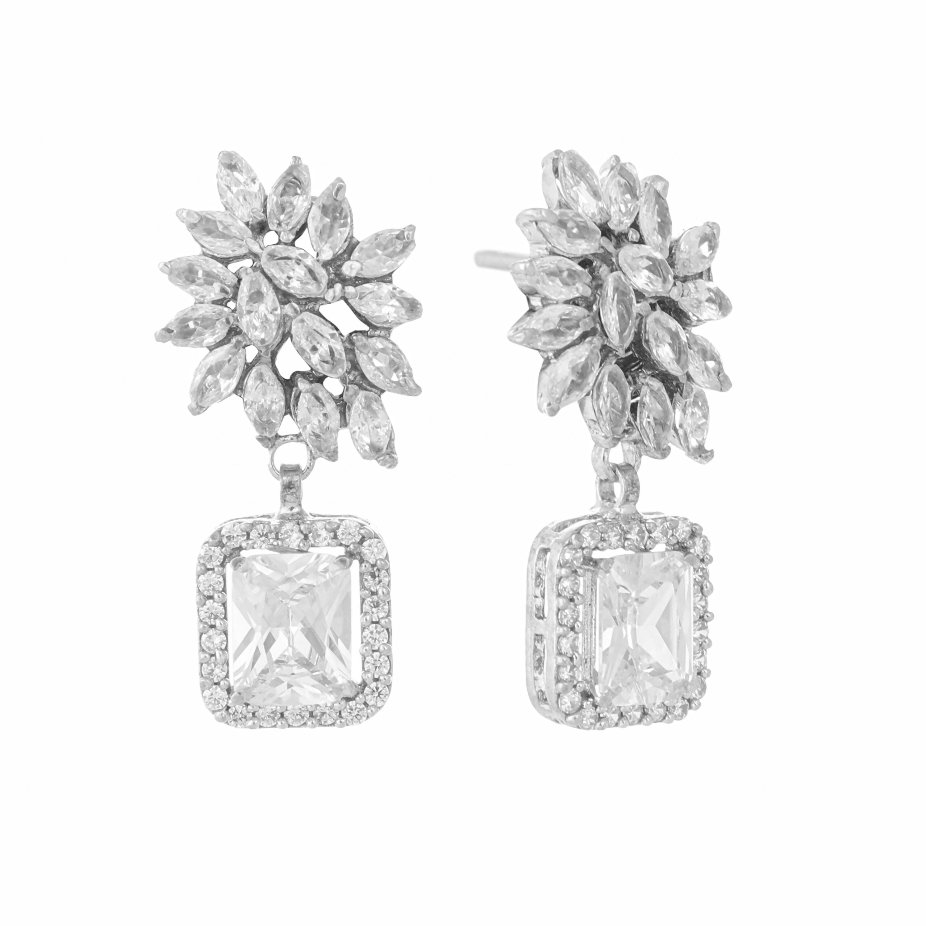 Nuyug Rhodium-Plated Rhinestone Studded Floral Minimal Cotemporary Studs