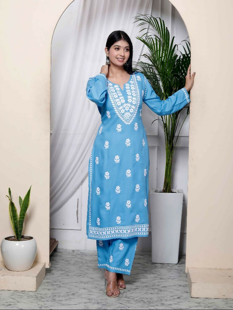 Miravan Womens Blue Embroidered Kurta With Palazzo - Distacart
