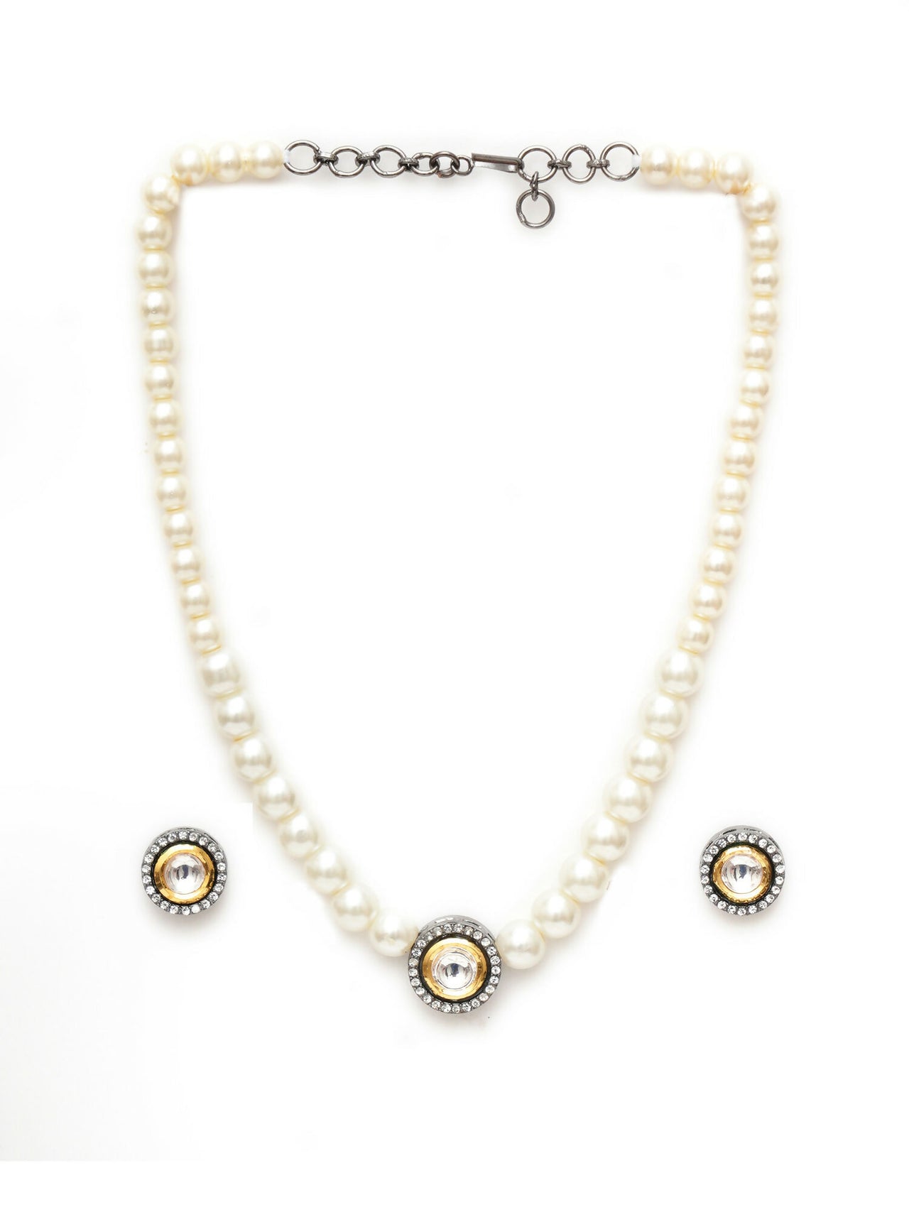 Kundan and Pearl Choker with Studs Jewellery Set (white) - Ruby Raang - Distacart