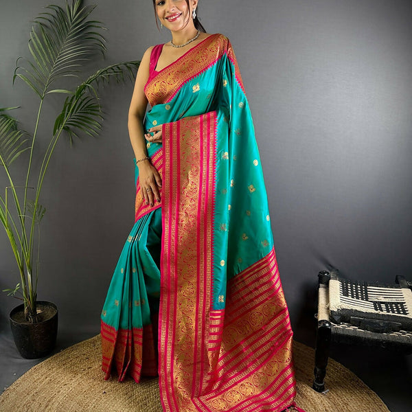 Joban Fashion Banarasi Turquoise Woven Soft Silk Saree - Distacart