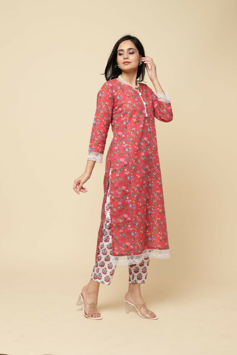 Designer Stylish Red Cotton Blend Stitched Suit With Dupatta - Tanisha - Distacart