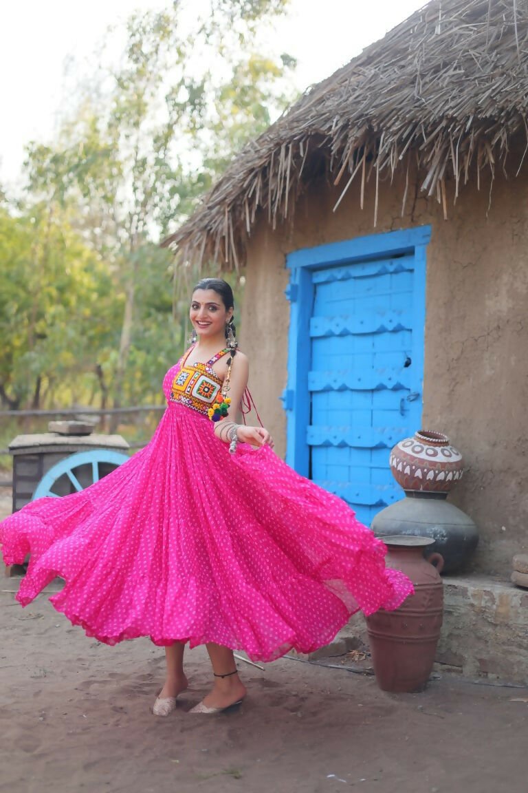 Aastha Fashion Women's Pink Faux Georgette Bandhani Print work with kutchi patchework Gown - Distacart
