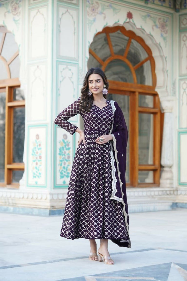 Aastha Fashion Women's Wine Faux Georgette Sequins Embroidered Anarkali Dress with Dupatta - Distacart